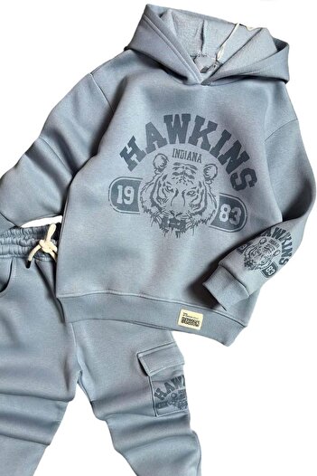 Riccotarz Boy's Tiger Printed Hawkings Detailed Hooded Ice Blue Tracksuit Set