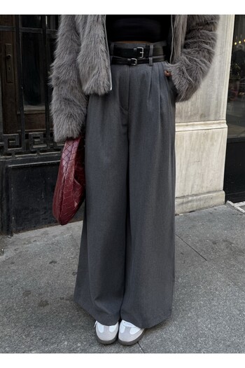 Laluvia Anthracite Grace Belted Wide Leg Trousers- 300001