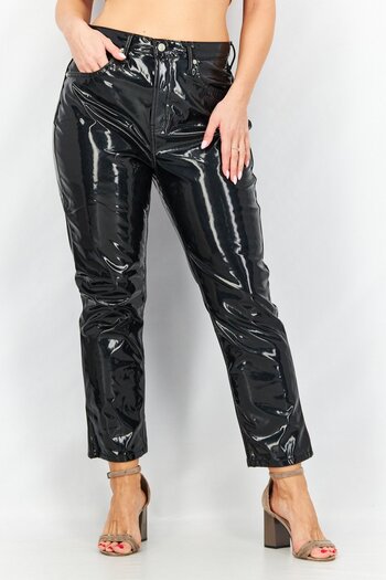 TopShop Women Regular Fit Textured Vinyl Pants, Black