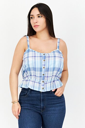 LUCKY BRAND Women Square Neck Sleeveless Plaid Top, Blue