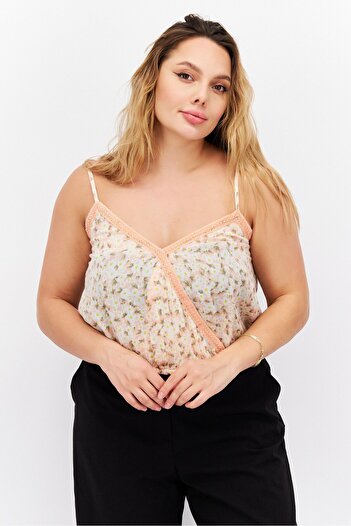 PLANET GOLD Women V Neck Cap Sleeveless Floral Print Top, Biege