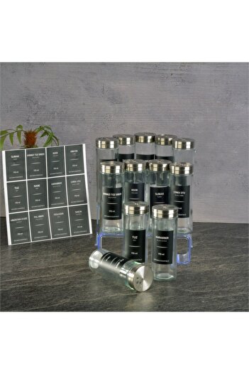 LUCKYHOMES Set of 12 Glass Salt Shakers with Black Metal Lids - 170 Ml, 15 Spices with Gift
