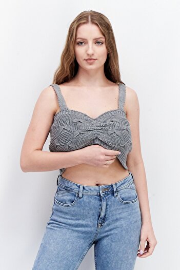 Skylar Rose Women Sweetheart Neck Sleeveless Crochet Top, Grey