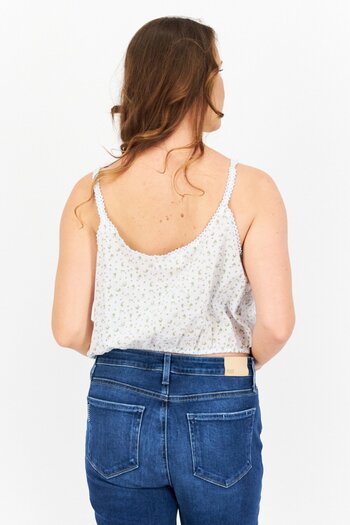 LUCKY BRAND Women Ruffle Neck Sleeveless Floral Printed Tank Top, Blue Combo