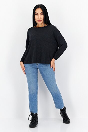 s.Oliver Women Bateau Neck Long Sleeves Plain Sweatshirt, Charcoal