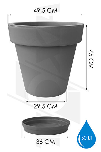 ToXA 50 Litre Antrasit Grifulya Saksı Büyük Boy Tabaklı Drenajlı Izgaralı Mat Plastik Çiçek Saksısı
