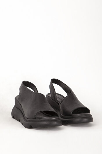 Dericlub Genuine Leather Women's Black Sandals - Strapped, Wedge Sole, Comfort Daily Zy 7712