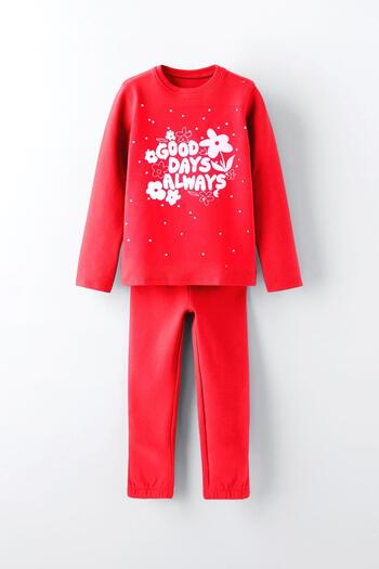 LUESS Red Girl's Pajama Set - 100% Cotton, Embossed Print, 3-4 Years 8-9 Years