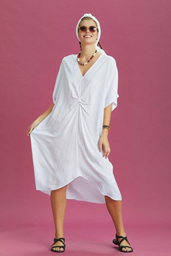Los banditos V-Neck Front Knotted White Bat Sleeve Dress
