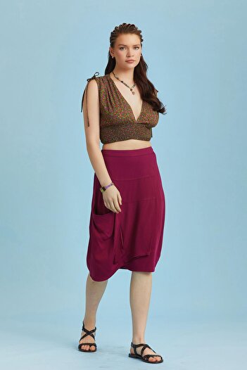 Los banditos Front Layer Pleat Detailed Midi Skirt with Pockets