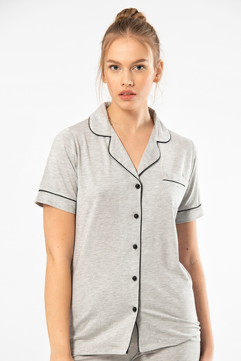 TÜREN 3368 Women's Short Sleeve Shirt Collar Pajama Set-Grey