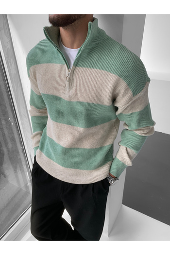 NO1 KONSEPT Light Green Thick Striped Half Zipper Knitwear Sweater