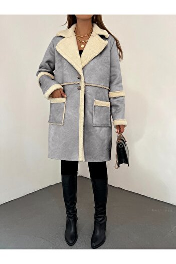HİJABAYA Double Buttoned Suede Coat with Fur Inside and Pockets