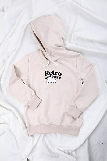 Perendi Stone Color Relaxed Fit Hooded Retro Printed Sweatshirt