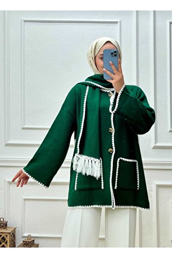 MissPul Embroidered Detailed Scarf Soft - Jacket Green