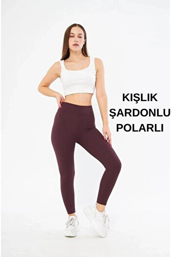SOSYETE AVM Women's Ribbed Leggings - High Waist, Fleece and Gathering, Brown