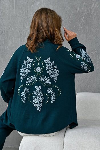 Miss Allos Women's Back and Sleeves Embroidered Pearl Detailed Knitted Knitwear Kimono Jacket and Trousers Bottom Top Set