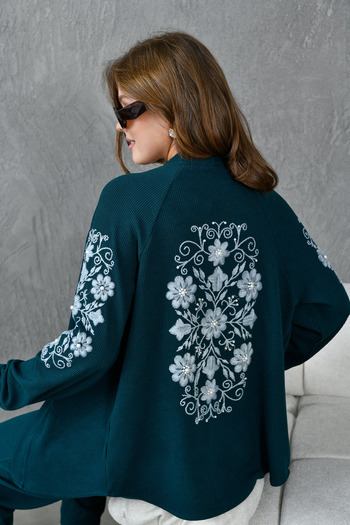 Miss Allos Women's Back and Sleeves Embroidered Pearl Detailed Knitted Knitwear Kimono Jacket and Trousers Bottom Top Set