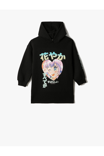 Koton Sweat Dress Animation Potištěné s kapucí s dlouhým rukávem