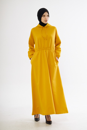 ESPİNA Women's 2 Thread Long Dress with Drawstring Waist, Hood and Pockets