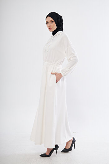 ESPİNA Women's 2 Thread Long Dress with Drawstring Waist, Hood and Pockets