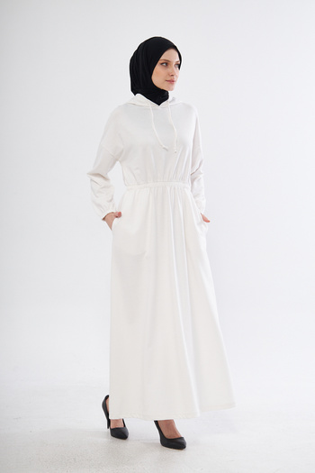 ESPİNA Women's 2 Thread Long Dress with Drawstring Waist, Hood and Pockets