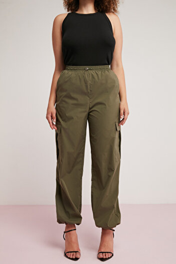 ETHIQUET Avalonbb Women's - Khaki Plus Size, Rubber Waist and Leg, Cargo Pocket Trousers with Stopper