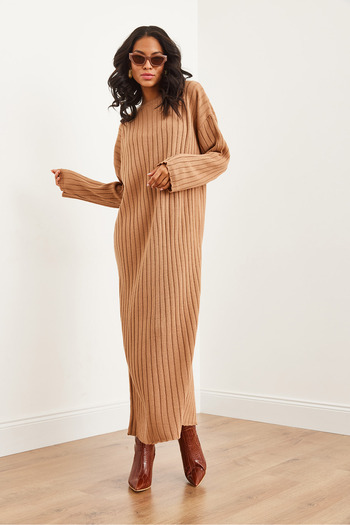 Olalook Women's Camel Thick Corded Maxi Knitwear Dress Elb- 19002287