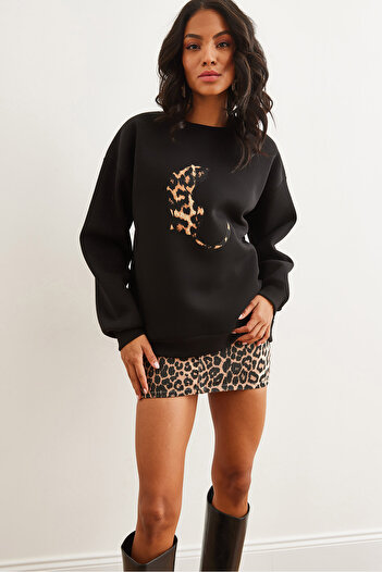 Olalook Black Leopard Patterned Raised Oversize Women's Sweatshirt - Swt- 19000698