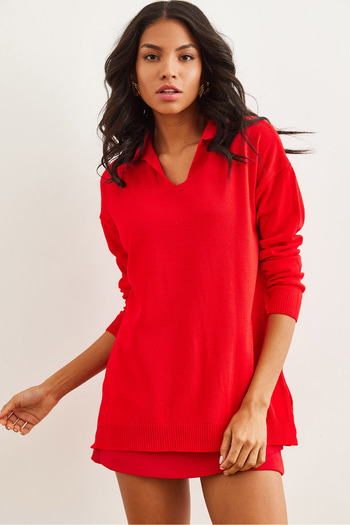 Olalook Women's Red Polo Collar Basic Knitwear Sweater Kzk- 19000871