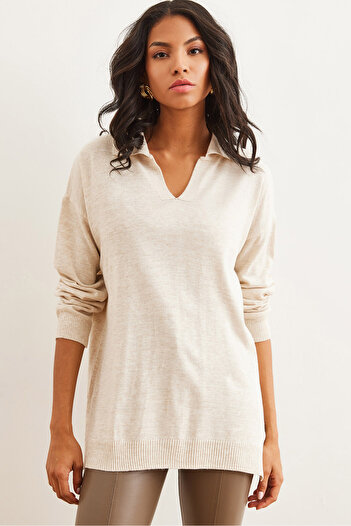 Olalook Women's Stone Polo Collar Basic Knitwear Sweater Kzk- 19000871