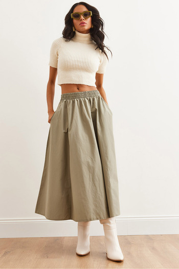 Olalook Women's Khaki Elastic Waist Parachute Bell Skirt Etk- 19000280