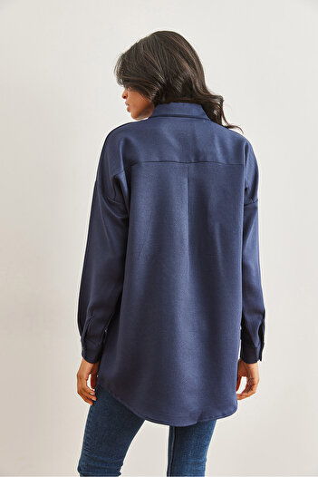 Olalook Women's Navy Blue Sequined Wool Effect Oversize Winter Shirt Gml- 19001157