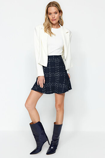 Trendyol Collection Tweed Fabric Navy Blue Minisukně - Vroubkovaný konec, tkaný, TWOAW22ET0448