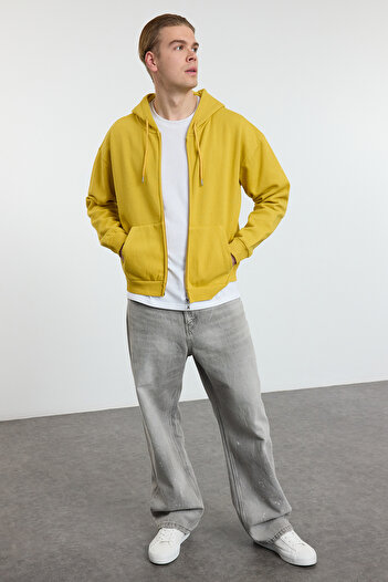Trendyol Collection Oversize Mustard Crop Sweatshirt - Kangaroo Pocket, Short Hood, Tmnaw25Sw00172