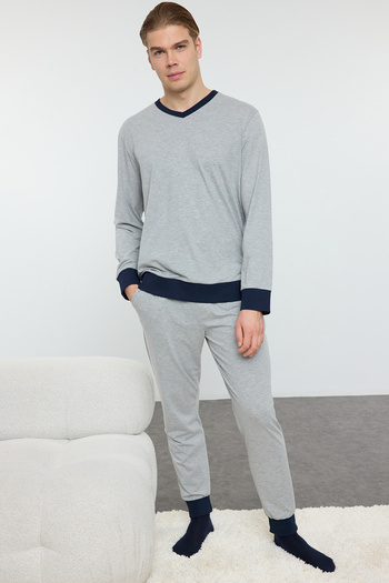 Trendyol Collection Men's Gray Knitted Pajama Set - Regular Fit, Contrast Ribbed TMNAW25PT00010