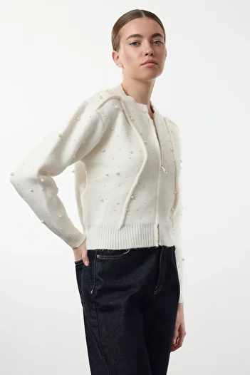 Trendyol Collection Ecru Soft Textured Zippered Stone Embroidered Coat Look Knitwear Cardigan TWOAW25HI00168