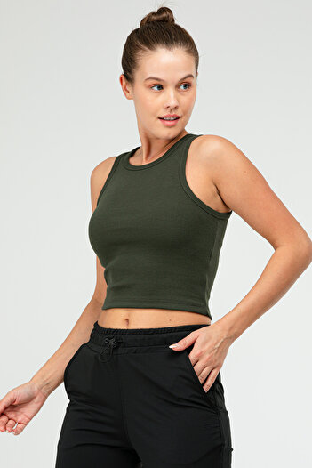 speedlife Khaki Slim Fit Cotton Open Collar Crop Top Camisole Women's T-Shirt Sf0751