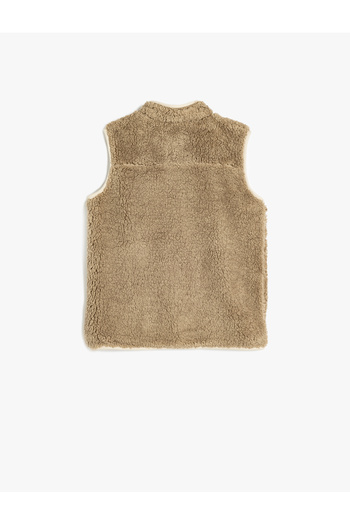 Koton Plush Vest with Stand Collar and Pockets - Zippered Closure