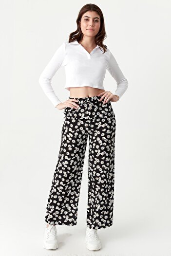 Select Moda Kadın Çiçek Desenli Beli Lastikli Geniş Paça Pantolon