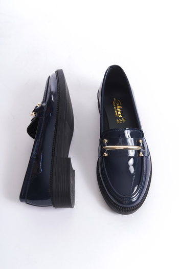 Shoesers Жіночі спеціальний дизайн елегантні пряжки деталізовані темно-сині лаковані туфлі з лакованої шкіри мокасини