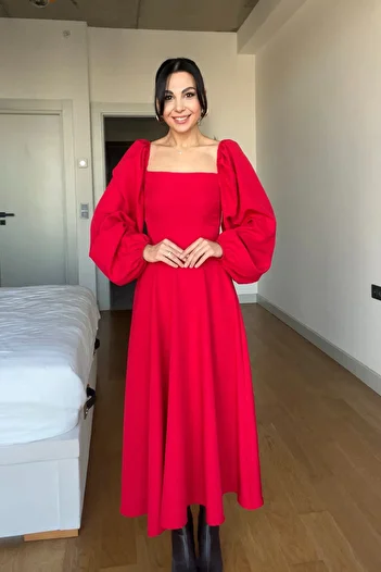 Seda Yalçın Atelier Red Zernes Balloon Sleeve Midi Dress