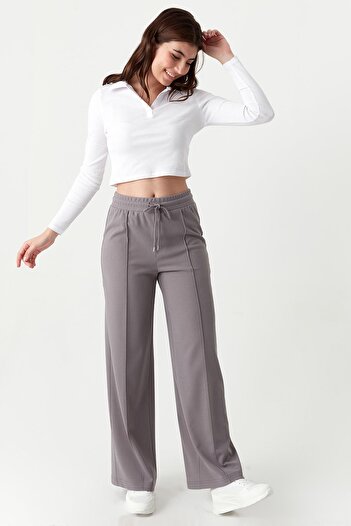 Select Moda Kadın Gri Beli Lastikli Geniş Paça Kumaş Pantolon
