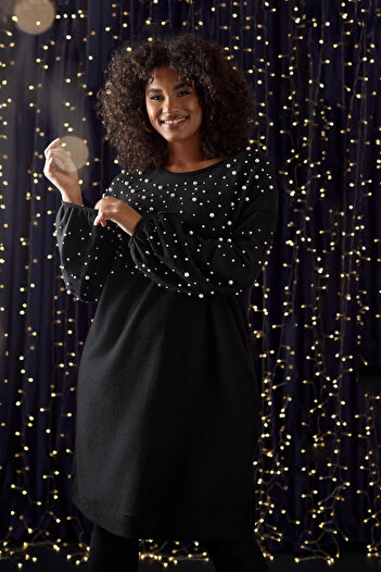 Stil Diva Plus Size Crew Neck Balloon Sleeve Bead Embroidered Knitwear Dress 615669