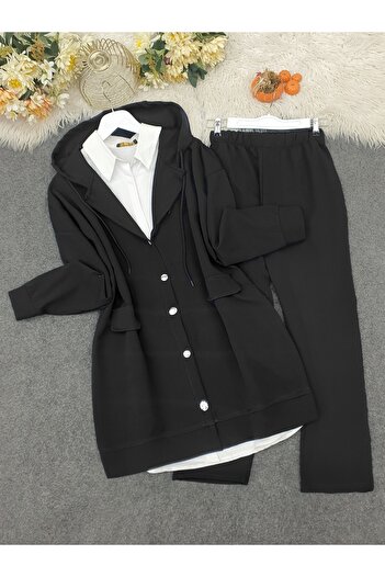 Modamorfo Hooded, covered, pocketed, trouser set - black