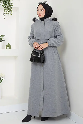 hafsamina Large Size Gray Stamp Coat - Furry Hood and Lace-Up Hm2584