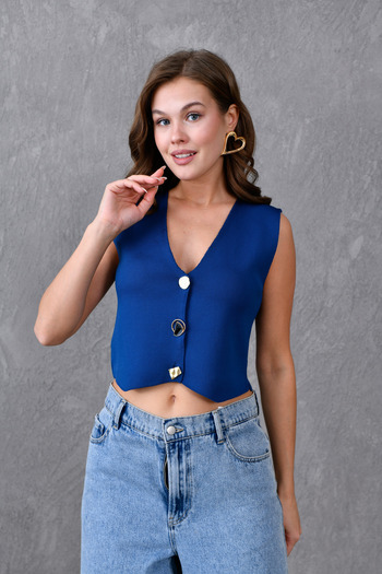 bayansepeti Navy Blue Stretchy Knitwear Fabric Design Button Detailed Crop Vest 9902