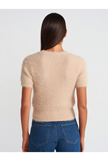 Dilvin 10648 Beige Crew Neck Soft Textured Shiny Knitwear Sweater