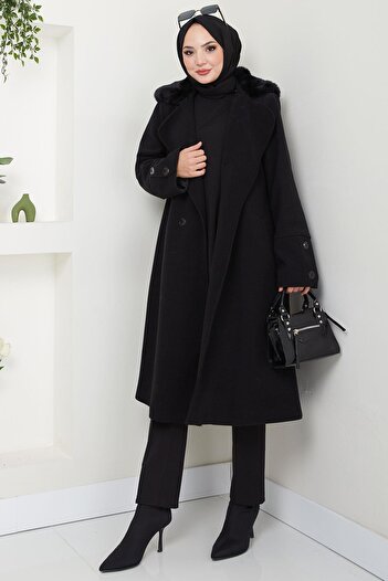 hafsamina Black Stamp Coat with Fur Collar - Hm2583