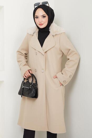hafsamina Beige Stamp Coat - Fur Collar, Hm2583